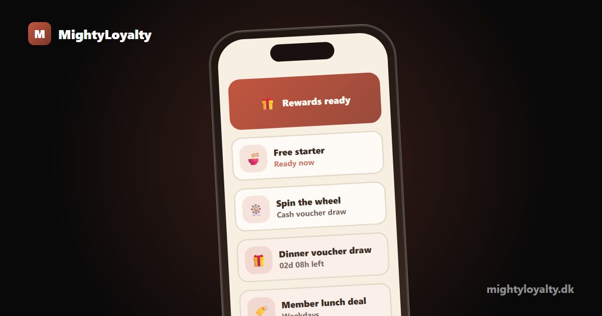 Customer phone showing the loyalty rewards screen with available rewards, free starter, and dinner voucher